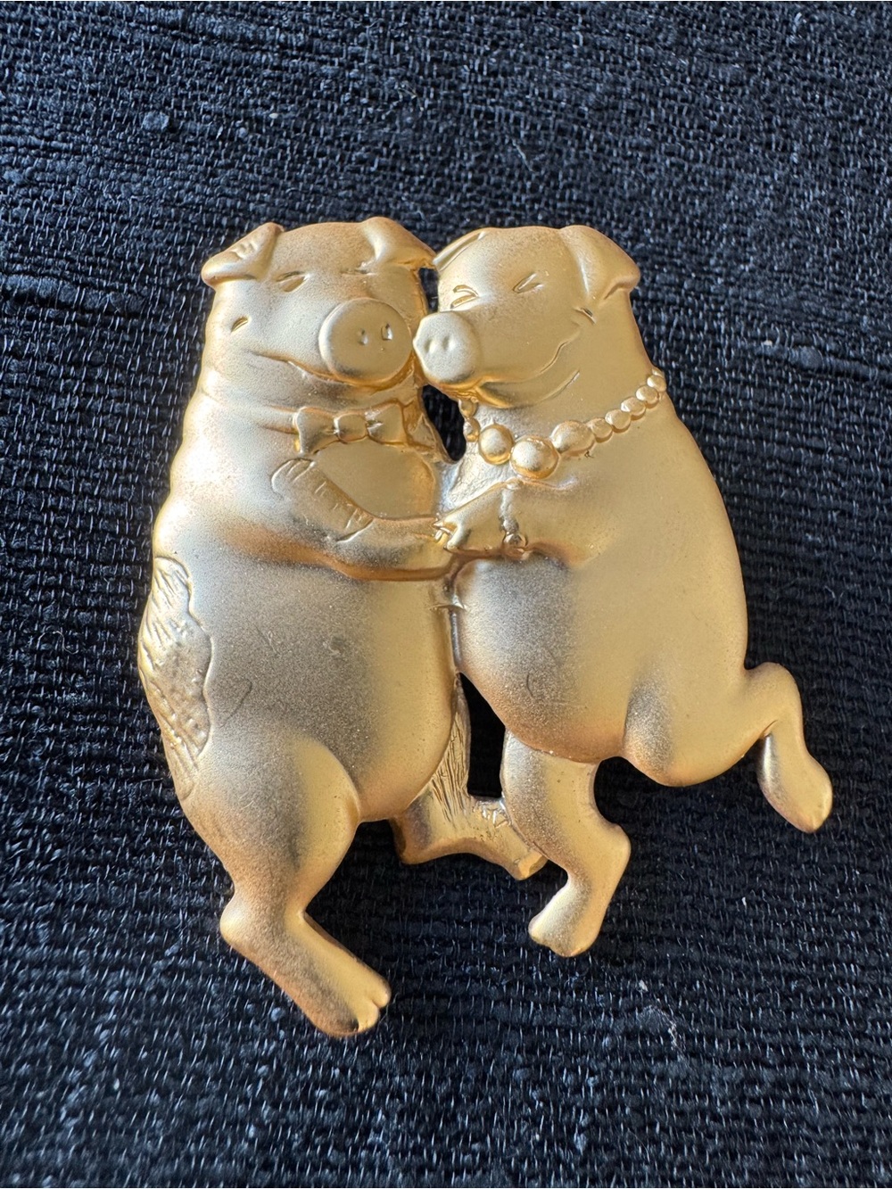 Pig Couple Dancing Gold Tone Vintage Pin Brooch